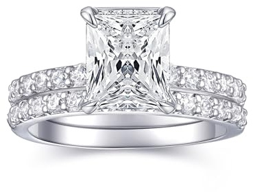 AONED Engagement Rings For Women Wedding Rings Fake Engagement Ring Set Promise Rings For Her 2 Carat 2CT Radiant Cubic Zirconia CZ Bridal Ring Sets Wedding Rings Cheap Band 2pcs, Size 4.5