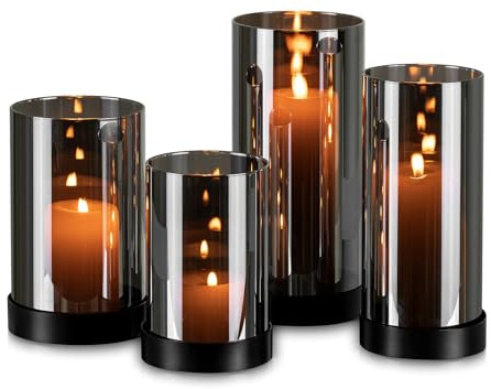 Glasseam Lot de 4 photophores en verre noir - Décoration de table : lot de 4 photophores d'extérieur modernes - Bougeoirs en métal pour décoration de salon - Cylindre en verre - Pour l'extérieur et