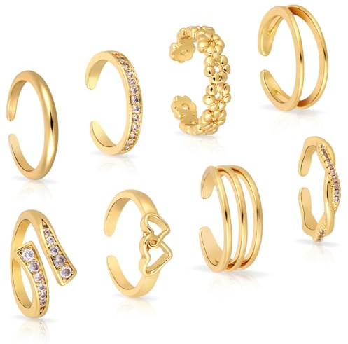 8pcs Bagues d'Orteil pour Femme, Bagues d'Orteil Ouvertes Réglables en Cuivre 8 Styles Élégants Décorations Pieds Bijoux de Plage pour Femme Accessoire d'Été (Or)