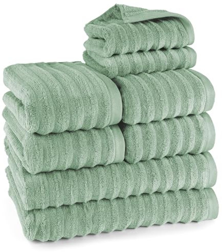 Pure Label 8-TLG. Handtücher Set mit Aufhängeschlaufen aus 100% Baumwolle, saugstark und weich - 2X Badetuch (70x140cm) 4X Handtuch (50x100cm) 2X Gästetuch (30x50cm), Salbeigrün