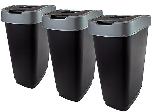 SUSTANIA Mülleimer Set 3 Stück 50L Schwarz mit Silbernem Schwingdeckel - Küchen Abfalleimer für Haushalt und Büro
