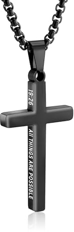 Black Cross Necklace for Men Boys Mens Bible Verse Stainless Steel Cross Pendant Chain Men's Religious Christian Jewelry Gifts Teen Son Him 8-12 Confirmation First Communion Baptism Catholic 19:26