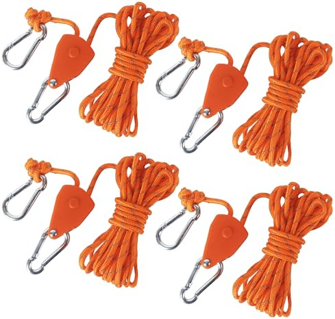 4 Stück Seilratsche 4m, Abspannseile mit Seilspanner 4mm, Reflektierende, Verstellbare Seilratsche mit Haken für Sonnensegel Markise für Sturmsicherung Zelt Camping (Orange)