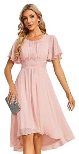 Ever-Pretty Robe de Cocktail Soirée Femme Col Rond Manches Courtes Mousseline Rose 40
