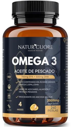 Omega 3 2000mg | 240 perles | 4 mois | Anchois sauvage | Haute concentration EPA700 mg + DHA 500mg | Sans mercure | Vitamine E Naturcuore - Capsules de Fish Oil Naturcuore