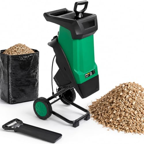 LADECNERHT 1.8 15 Amp Electric Wood Chipper, 50L Collection Bin Electric Mulcher Chipper Shredder, Wood Chipper with Max 4500RPM Motor Speed, Easy-Cleanup Dual Steel Blades for Twigs and Branches