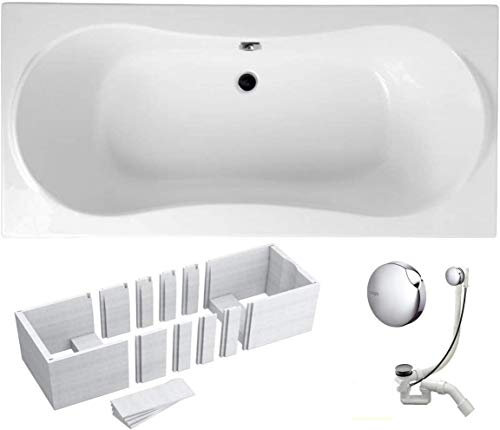 VBChome Badewanne 170x80 cm Acryl SET 3in1 Wannenträger Siphon Wanne Rechteck Weiß Classic Styroporträger Ablaufgarnitur in Chrom Viega Simplex für 2 Personen (170x80)
