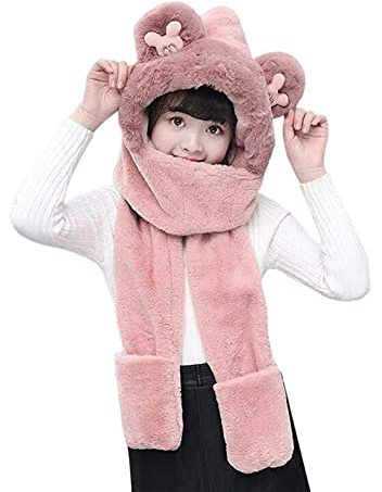 Kids Cartoon 3 in 1 Hat Scarf Gloves Set Winter Warm Imitation Rabbit Fur Hoodie Hat Full Hood Cap Thicken Thermal Beanie Hat Scarves Neck Warmer Xmas Gifts for Boys and Girls 5-12 Years