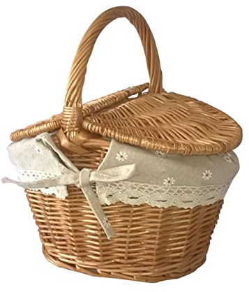 Pomrone Picknickkorb Handgemachte Weidenkorb Wicker Camping Picknickkorb Obstkorb Einkaufskorb Aufbewahrungskorb Mit Deckel Und Griff Geflochten Korb Picknick Korb