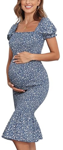 Vestido Ajustado de Verano de Longitud Media para Maternidad con Estampado Floral, Mangas abullonadas, Escote Cuadrado y Volante en el Dobladillo Estilo Sirena, Ideal para Fiestas del bebé, Azul,