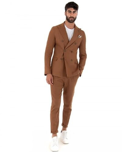 Giosal Abito Uomo in Lino Vestito Doppiopetto Completo Giacca Pantalone Tinta Unita Elegante (Camel-44)