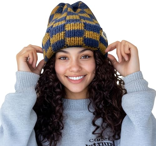 CLAPE Womens Cute Slouchy Beanies Hats, Winter Warm Chunky Checkered Beanie Large Cuff Knitted Hat Ski Cap for Cold Weather