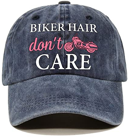 Pishovi Biker Hair Don't Care Distressed Washed Blue Baseball Cap, Vintage Adjustable Cotton Cap, Retirement Gift for Women, Biker Cap for Mom BFF, Birthday for Motorcycle Enthusiast