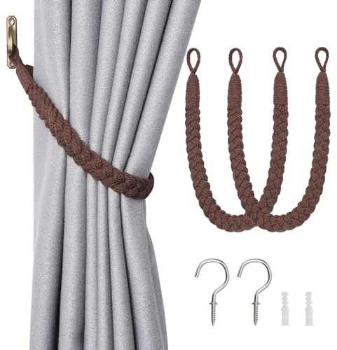 NICEEC 2 Pack Natural Cotton Rope Curtain Tiebacks Elegant Boho Style Decorative Drape Tie Backs Soft Hand-Woven Rope Curtain Holdbacks with Metal Hook for Home & Office Drapery (Coffee)