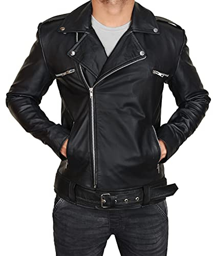 Mens Walking S7 Negan Motorcycle Jacket Men Jeffrey Dean Morgan Black Real Leather Biker Jackets for Men, Medium