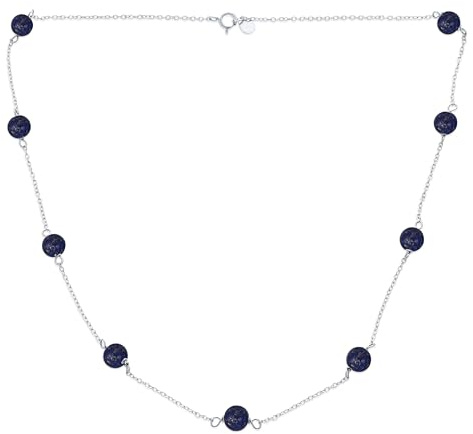 Collier Délicat Et Simple En Pierre Précieuse Authentique De Lapis Lazuli Bleu Avec Chaîne À Perles Rondes Et Coupelles En Étain Pour Femmes En Argent Sterling .925 De 18 Pouces De Longueur