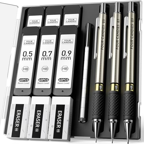 Four Candies 3er-Set Druckbleistifte 0,5 0,7 0,9 mm mit 360 Minen, 12 Radierern, Metall-Minenbleistifte im Etui für Schule, Schreiben, Skizzieren, Zeichnen