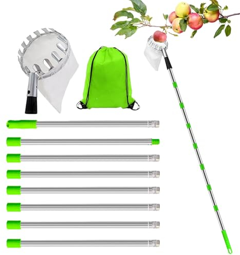 OdiuK Apple Picker with Telescopic Handle 3.2M Fruit Picker, Fruit Picker Tool with Fabric Bag Stainless Steel Connecting Pole Fruit Grabber, Lemon Picker for Picking Fruits from High Places