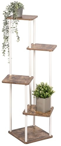 eluno Présentoir à plantes, étagère à fleurs, support décoratif avec 5 étagères, escalier à fleurs multifonction, combinaison moderne de bois MDF certifié FSC et métal blanc