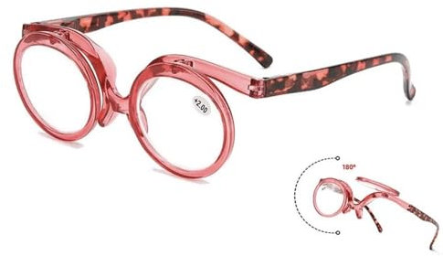 SKINCATE Occhiali da lettura rotondi per il trucco per donne, occhiali rotanti presbiopia, eleganti strumenti per la lettura 1.0 1.5 2.0 2.5 3.0, Colore: rosso, +2.0