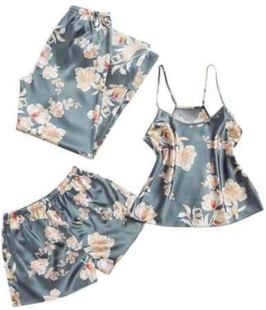 Zeiayuas Womens Pyjama Sets Vintage 3 Piece Satin Pjs Sexy Cami Vest + Loose Shorts + Trousers Elegant Floral Print Silk Pajama Set Nightwear Ladies Brides Wedding Party Pyjamas