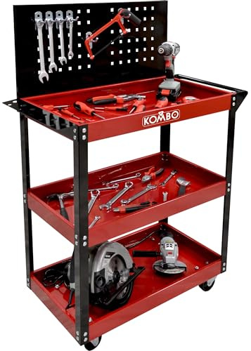 KOMBO - Carrello Portautensili con 3 Ripiani, Pannello Forato 5 Ganci, Ruote Piroettanti e Maniglia – 81x35x110 cm – Portata 150 Kg, Struttura in Acciaio Verniciato Bicolore