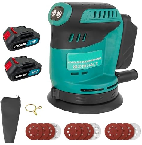 Cordless Orbital Sander with 2 Battery,12Pcs Sandpapers,for Makita 18V 2X 3.0AH Battery,3 Variable Speeds, up to 12000 RPM,for Woodworking, Sanding & Polishing