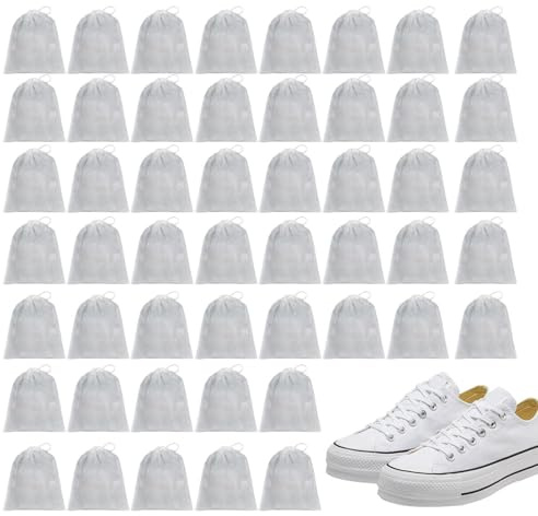 Lot de 50 sacs à chaussures avec cordon de serrage, housses de rangement respirantes, matériau absorbant l'eau, anti-jaunissement, protection de voyage pour garder les chaussures propres et organisées