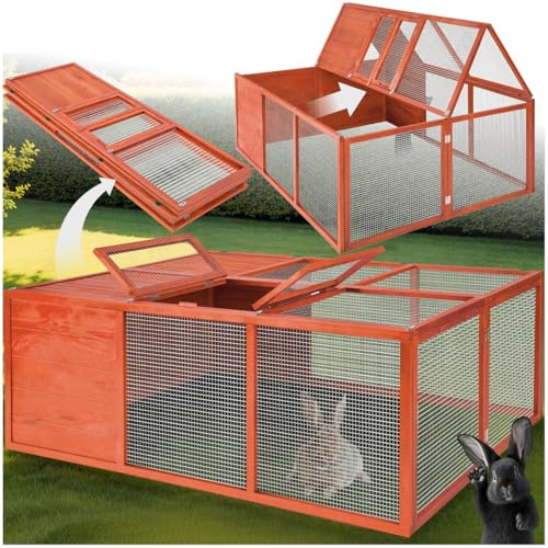 tectake® Clapier Pliable pour rongeurs, Toit ouvrant, 150 x 103 x 53 cm, Cage Lapin, Cage Hamster, Cochon d'Inde, Enclos Lapin en Bois, Aucun Montage requis, Clapier Lapin Exterieur, Enclos Hamster