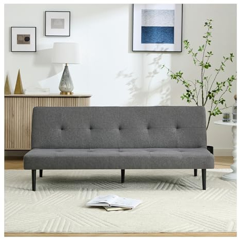 Warmiehomy Linen Fabric Sofa Bed Click Clack Sofa Bed 3 Seater Sofa Couch Convertible Bed Settee or Living Room, Spare Room, Bedroom, Dark Grey