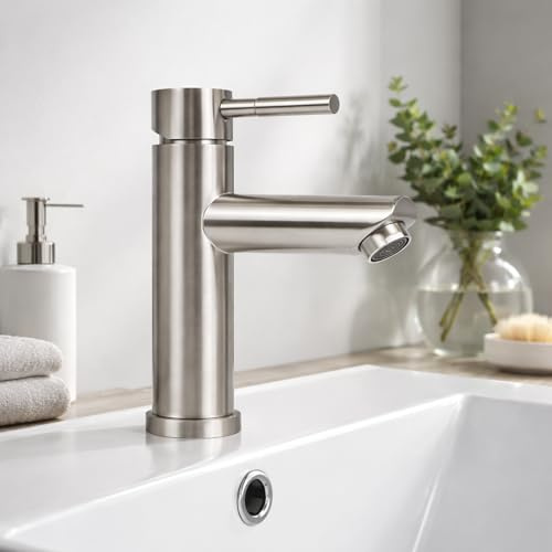 Mursche Wasserhahn Bad Waschtischarmatur Waschbecken - Armatur Edelstahl Gebürstet Mischbatterie Waschbeckenarmatur Hochdruck Warm- und Kaltwasserhahn Einhebelmischer für Badezimmer Spüle