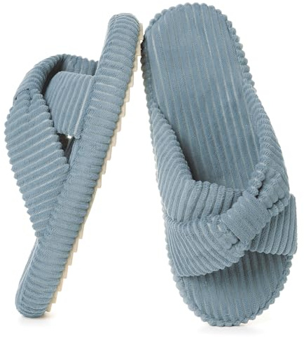 Pantofole Donna Larghe Memory Foam Ciabatte Velluto a Coste Banda Trasversale Scarpe da Casa Antiscivolo Punta Aperta Slippers,Grigio Chiaro,39/40 EU