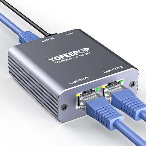 YOFEEPOP Ethernet Splitter 1 to 2, Gigabit Network Switch, 1000Mbps High-Speed RJ45 Internet Splitter with USB-C Power Cable for PC/Laptop, PS5, Xbox, Router, TV