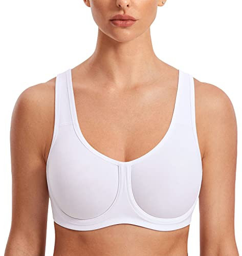 SYROKAN Women's Max Control Solid High Impact Plus Size Underwire Sports Bra for Large Breasts White 36DD