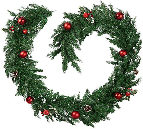 tectake® Ghirlanda Natalizia Verde Lunga, Decorazioni con Rami Innevati, Palline, Pigne e Bacche, Decorazioni Natalizie per Porta, Addobbi Natalizi Facile da Appendere - 2,7 m