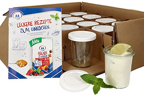 MamboCat 12er Set Weckgläser mit Frischhaltedeckel 160 ml I Original Weck Sturzglas Joghurtglas, Dessertglas I Einweckgläser mit Deckel für Kuchen Gelees I inkl. Diamant-Zucker Gelierzauber Rezeptheft