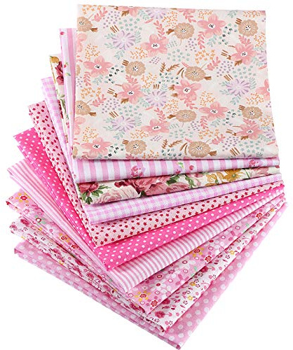 Boao 10 Pcs 20'' x 20'' Cotton Fabric Bundles Pink Quilting Patchwork Pre-Cut Squares Floral Gingham Stripes Polka Dots Prints Sewing Fabric for DIY Handmade Craft Party Decor