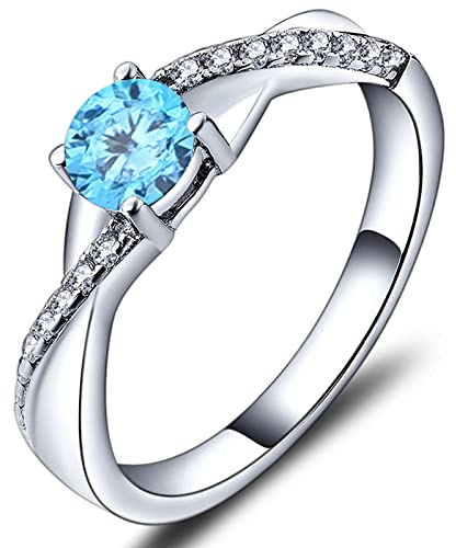 YL Anello di fidanzamento Argento 925 con Marzo Pietra Portafortuna Acquamarina Anello Solitario Criss Attraverso Infinito anello Nuziale per Donna Sposa(Taglia 20)