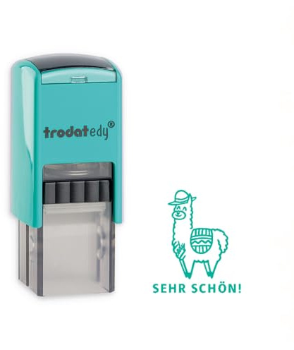 Trodat edy FIX Motivationsstempel für Lehrer und Pädagogen, Stempelset zum Motivieren – 1 Motiv Lama SEHR SCHÖN, Deutsch, Gehäuse Mint Grün, Abdruck grün, Selbstfärbend, 20 x 20 mm