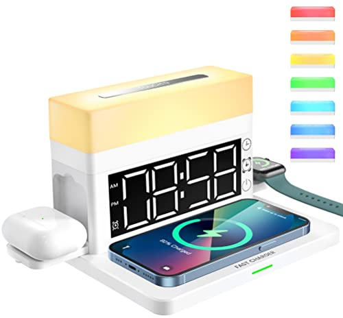 FCHMY Stazione di ricarica wireless 6 in 1 con luce notturna LED Sveglia digitale 18W Ricarica rapida per iPhone 13/12/11/Pro/SE/XS/XR/X/8Plus/8/Samsung Galaxy/iWatch/AirPods