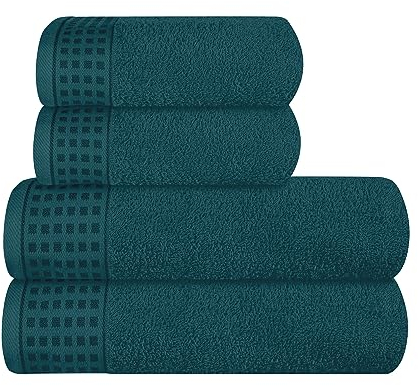 GLAMBURG Ultra Soft 4er-Pack Handtuch-Set, Baumwolle, enthält 2 übergroße Badetücher 70 x 140 cm, 2 Handtücher 50 x 90 cm, für den täglichen Gebrauch, kompakt und leicht — Blaugrün