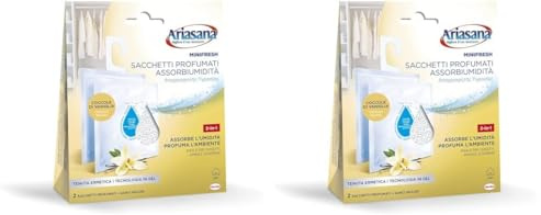 Ariasana Minifresh Coccole di Vaniglia Sacchetti profumati, Sacchetti assorbi umidità e deodoranti 2 in 1, Deodorante cassetti, armadi e piccoli ambienti, sacchetti 2x50g, Confezione da 2