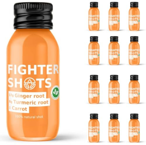 Fighter Shots Ginger Turmeric Shots (Vegan/12x60ml) | Fresh & Fiery Ginger Shots for Immune Support | Boosts Energy | 100% Natural/No Nasties | Rich in Antioxidants | Packed with Vitamin C