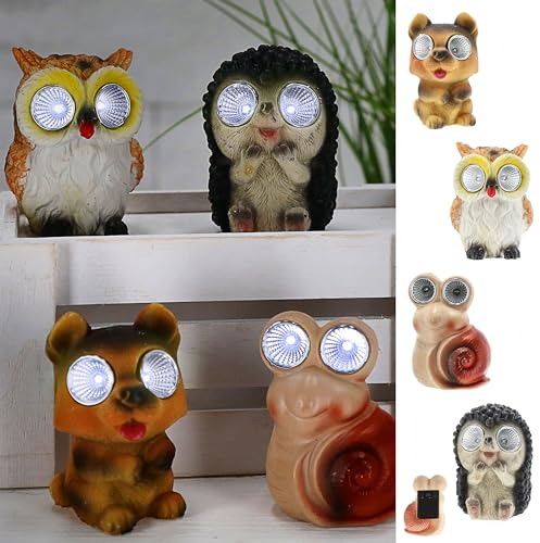 Cepewa Solar Gartenfiguren 3er Set | 6x9x5cm Polyresin Solarpanel Akku | Eule Igel Schnecke mit Leuchtaugen