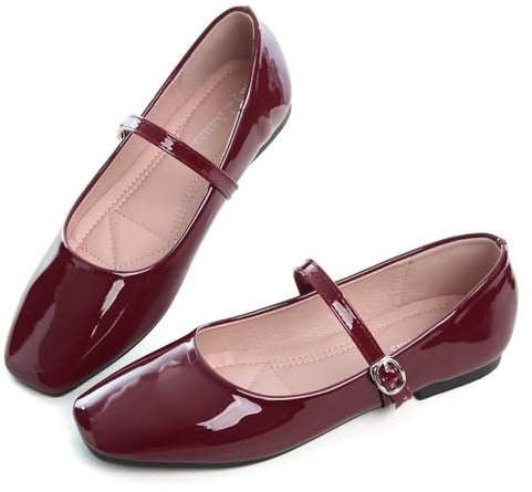 Hee grand Womens Mary Jane Shoes Patent Leather Dress Shoes Square Toe Buckle Strap Ballet Flat Comfortable Walking Shoes,Red 9
