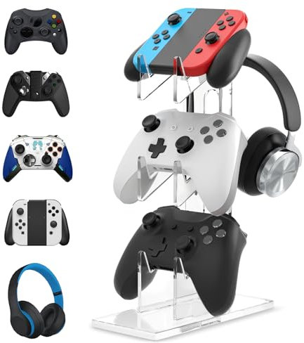 Juego de soporte para auriculares, soporte para controlador de 3 niveles, soporte para auriculares, soporte para controlador de acrílico, soporte para auriculares, gancho universal para auriculares