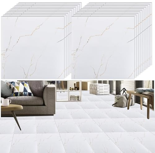 YAYODS 40Pcs PVC Self Adhesive Floor Tiles, 30x30cm White Marble Effect Vinyl Flooring with Gold Vein Design, Waterproof Peel and Stick Floor Stickers for Bathroom, Kitchen, Bedroom