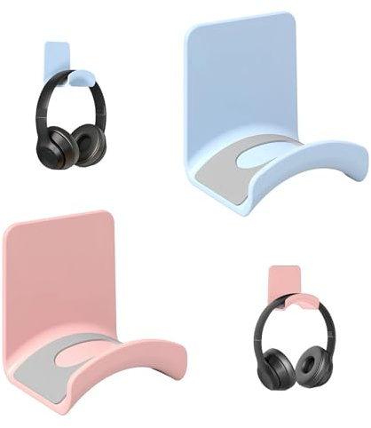 GIUSOBG 2 Pièce Support Casque, Support de Casque de Jeu Universel, Écouteurs Crochet Headset Stand Holder, Support Casque Mural Autocollant pour Écouteurs Gaming, Câbles (Bleu et Rose)