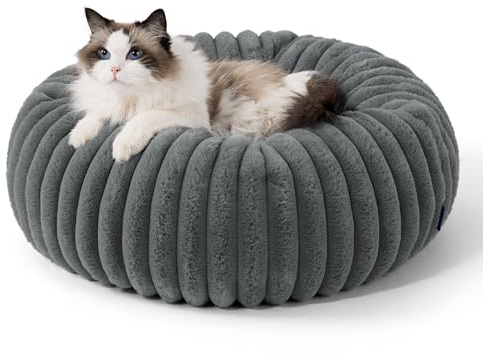 BEDSURE orthopädisches Katzen Bettchen - Flauschiges Donut 51x51x15cm rundes Katzensofa mit waschbarem & abnehmbarem Cord-Fleece-Bezug, rutschfeste Unterseite, dunkelgrau