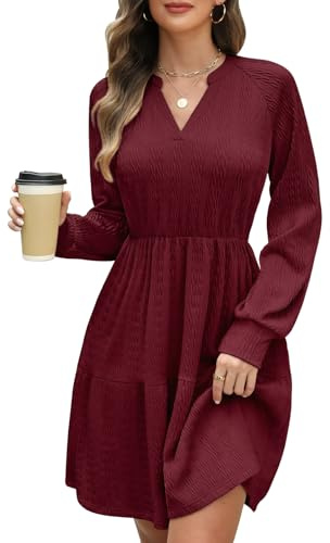 CMTOP Robe Femme Chic et Elegant Robe Manches Longues Décontractée Col en V Robes Automne Hiver Taille Haute Ligne A Robe Mini Longue Dress avec Poches